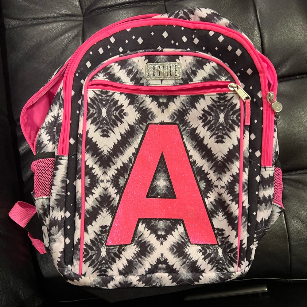 Pink,Black and White justice backpack with letter A
